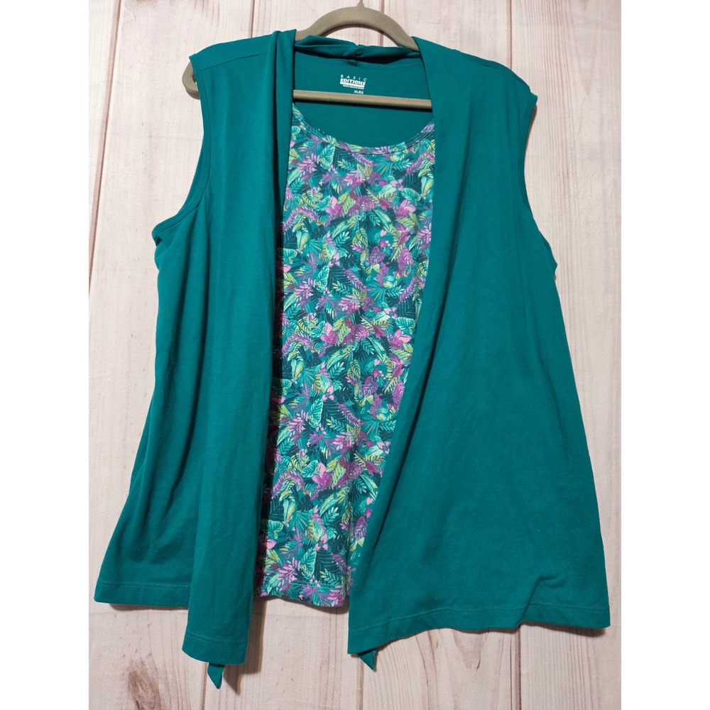 Basic Editions Teal Floral Layered Look‎ Sleeveless Top Vest Knit XL